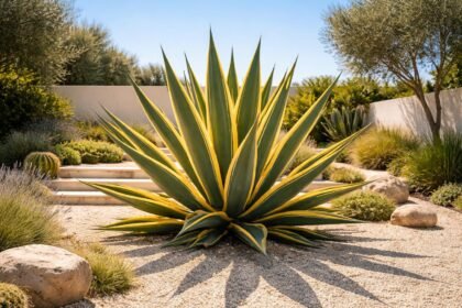 Közönséges tarka agávé levelei sárga szegéllyel napos mediterrán kertben, modern elrendezésben