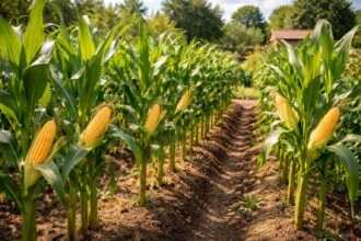 Zea mays növények sorokban, zöld levelek között édes kukoricacsövek nőnek.