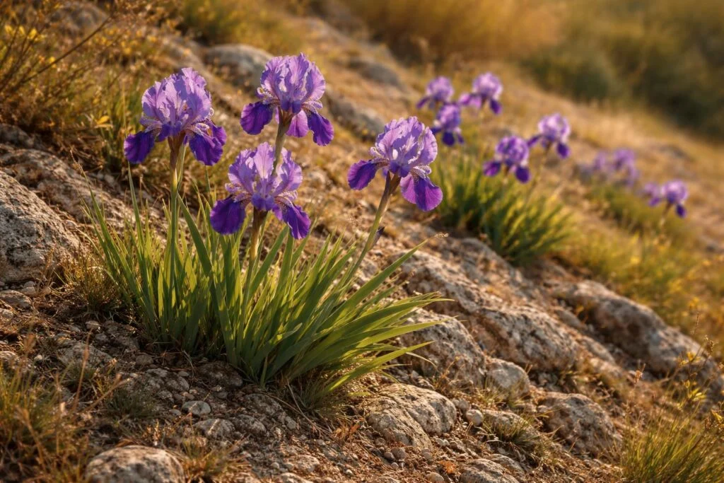 Magyar nőszirom (Iris aphylla subsp. hungarica) vad kertben, könnyű gondozás, évelő szépség