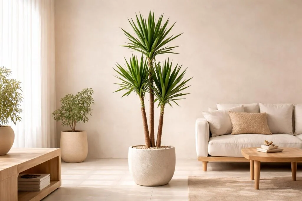 A Yucca szobanövény magas, merev levélcsúcsokkal, egy apartman ablakában világos napfényben