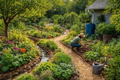 Májusban éledő házikert permakultúrás megoldásokkal, talaj, víz és növények összhangja.