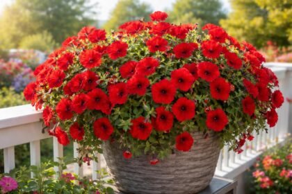 - Supertunia Really Red: élénk piros virágzó petúnia, gyorsan tölt be.