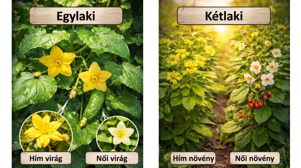 Egylaki és kétlaki növények virágainak nemi elrendezését bemutató összefoglaló diagram.