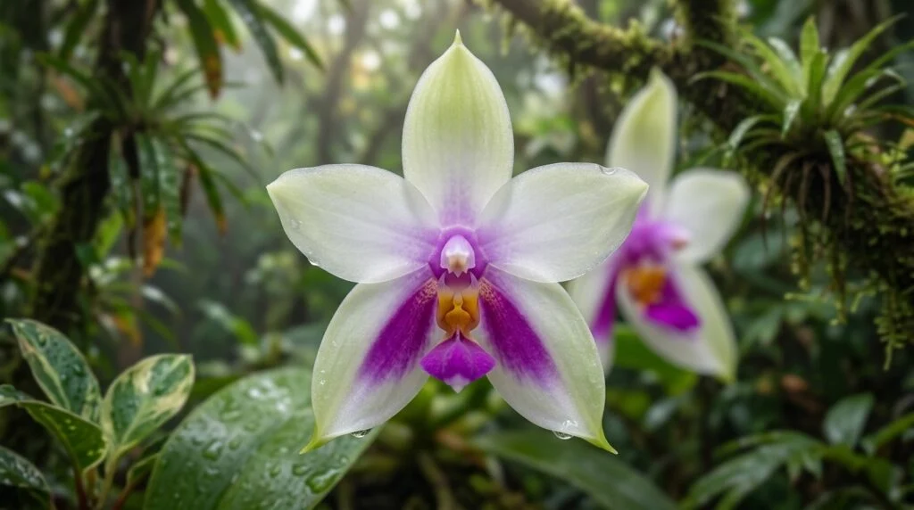 Lepkeorchidea Phalaenopsis virágzó növény otthonos nappali környezetben, zöld lombok társaságában.