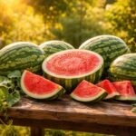 Közelről látható görögdinnye zöld csíkos héja a nyári asztalon feltűnő