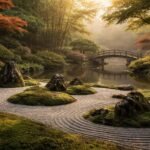 Kövekkel, mozaikszerű ösvényekkel és tavacskával teli japán kert arca, harmónia és nyugalom.