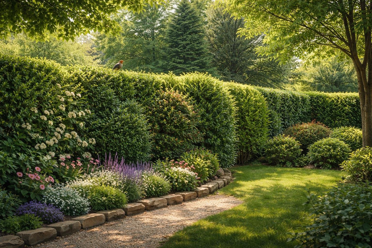 - A Díszsövény kerítésként funkcionálva, télen is látványos, zajt és port csökkentve.