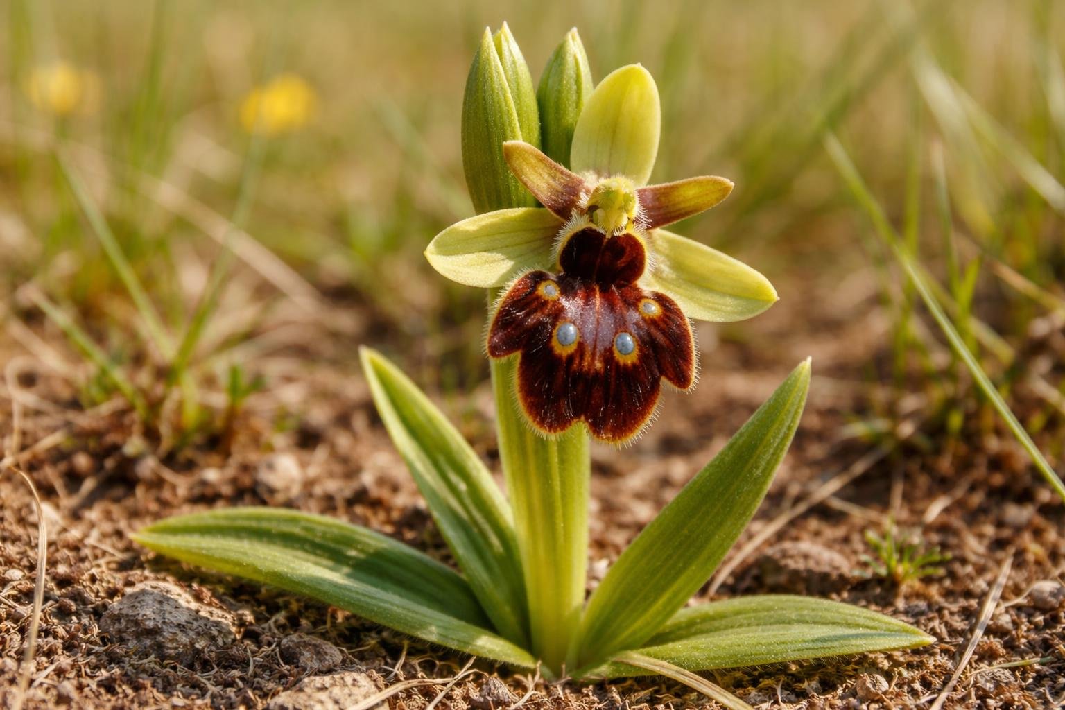 Pókbangó (Ophrys sphegodes) egy vadon élő orchidea, beporzót csalogató virága.