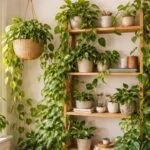 Epipremnum aureum, a szobai futóka, zöld levelekkel és indákkal illeszkedik a lakásba.