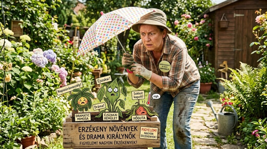 Kertész esernyővel védi a nap elől az „érzékeny növények és drámakirálynők” feliratú ládában lévő, megszeppent rajzolt növényeket