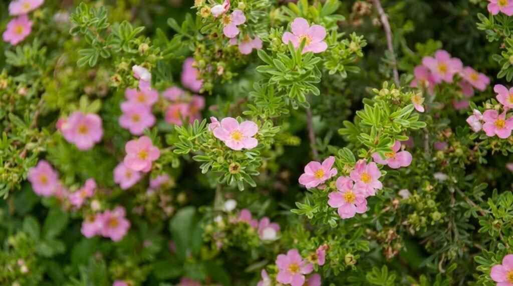 Small pink flowers with yellow centers blooming on a dense green shrub
