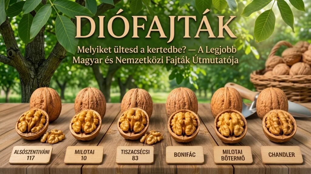 Kertben ültetett diófa oltványok különböző fajtákkal és gondozási tanácsokkal, egyéni környezethez alkalmazkodó tippekkel.