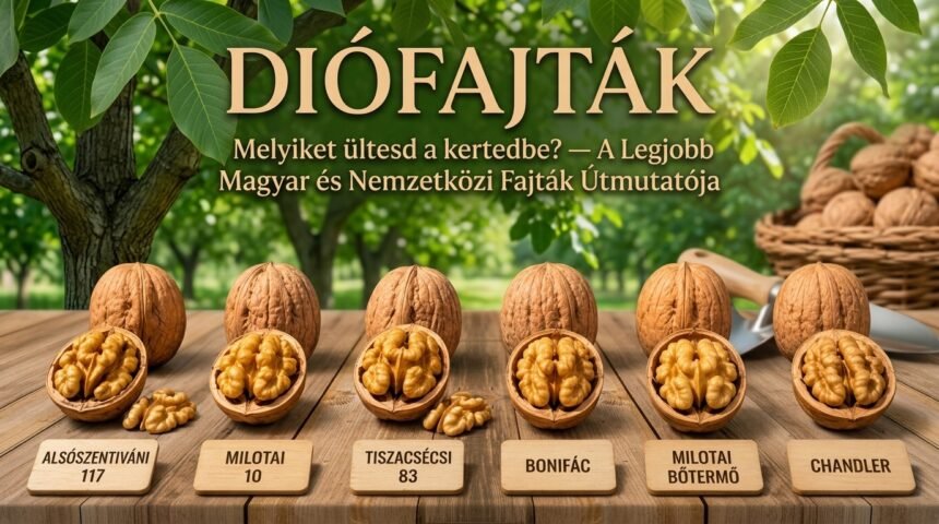 Kertben ültetett diófa oltványok különböző fajtákkal és gondozási tanácsokkal, egyéni környezethez alkalmazkodó tippekkel.