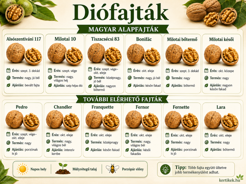 Infografika 12 magyar és külföldi diófajta összehasonlításáról. A részletes adatok a cikk szövegében olvashatók