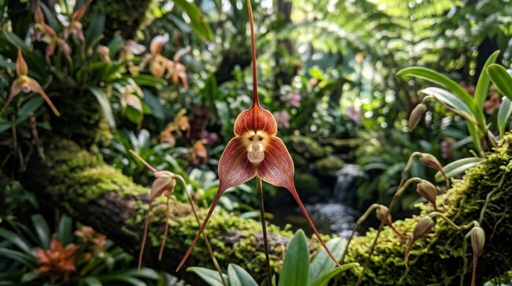 Majomarcra emlékeztető mintázatú Dracula simia orchidea virága hosszú, vörösesbarna sziromvégekkel