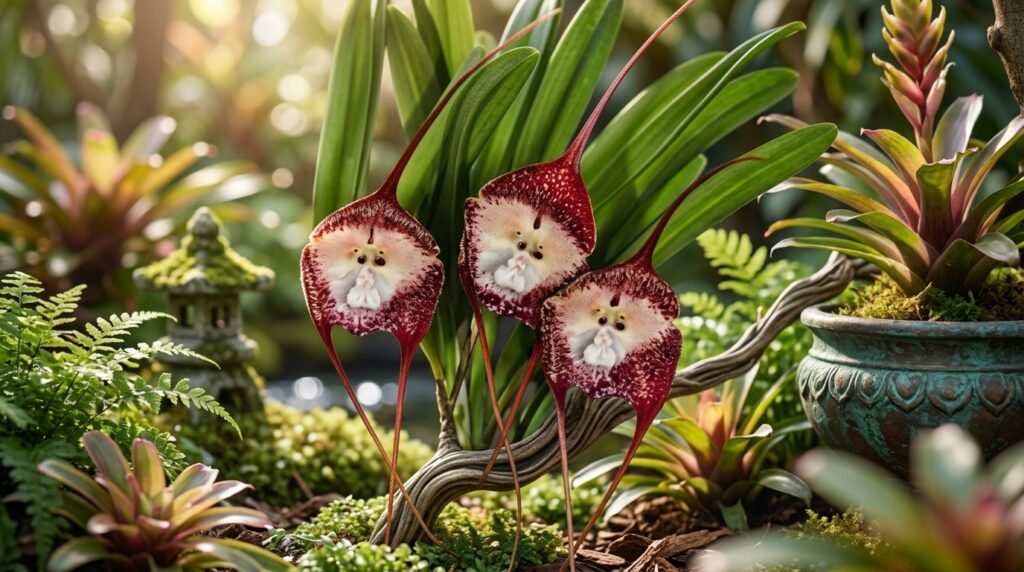Három majom orchidea virág majomszerű arccal és hosszú sziromvégekkel, dús zöld környezetben