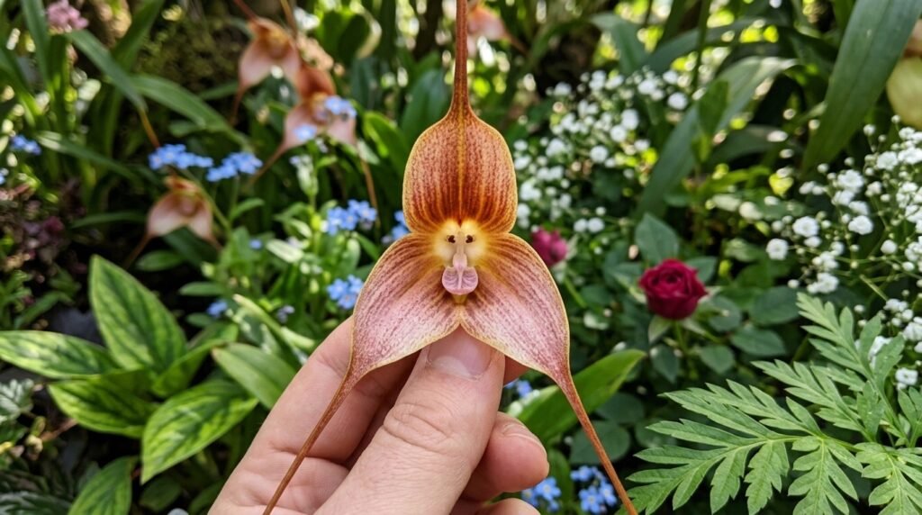 Barna csíkos majom orchidea virága, amelynek közepén egy apró majomarc rajzolódik ki