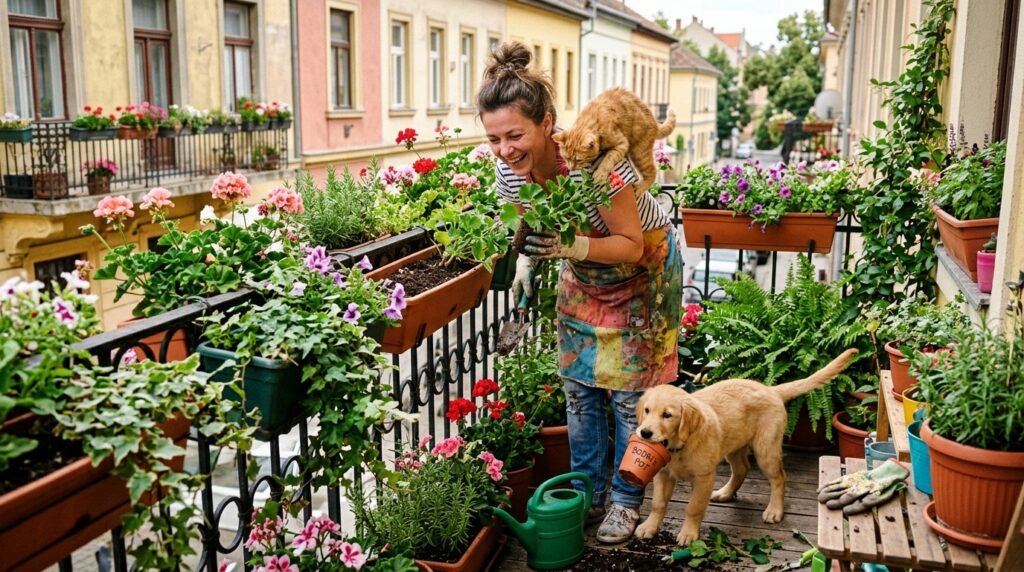 Mosolygó nő gondozza dús növényzetű erkélyét, vállán egy macskával, mellette egy virágcserepet cipelő kiskutyával