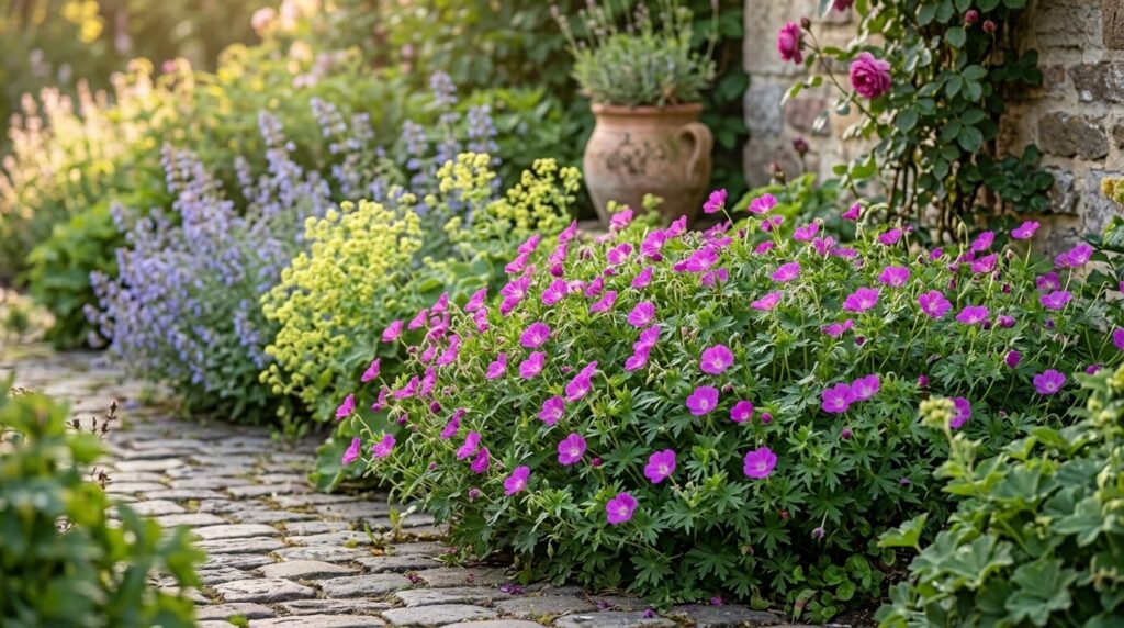 Mounded pink Geranium sanguineum in full bloom bordering a cobblestone garden path