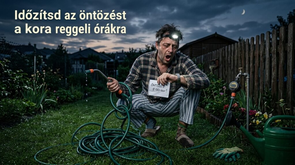 Álmos, pizsamás férfi fejlámpával és locsolócsővel a kertben hajnali 5 órakor
