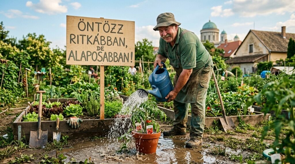 Kertész alaposan öntöz egy növényt egy tábla mellett, amelyen az „Öntözz ritkábban, de alaposabban!” felirat olvasható