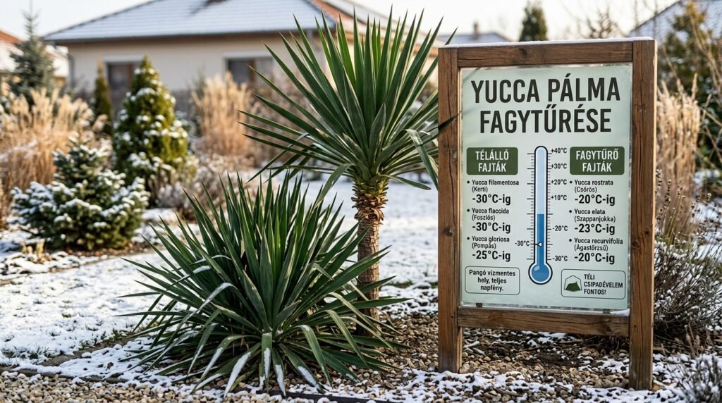 Yucca fajták fagytűrése: filamentosa/flaccida -30°C, gloriosa -25°C, elata -23°C, rostrata/recurvifolia -20°C