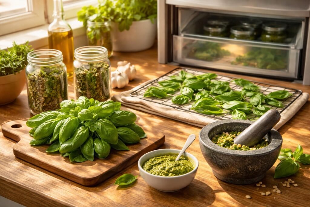 - Bazsalikom tartósítása: fagyasztás, szárítás vagy pesto – megőrzi ízét hosszú ideig.