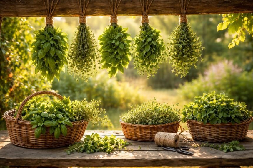 Konyhapulton szárított bazsalikom, kakukkfű, menta és oregano augusztusi aromáinak megőrzésére kész.