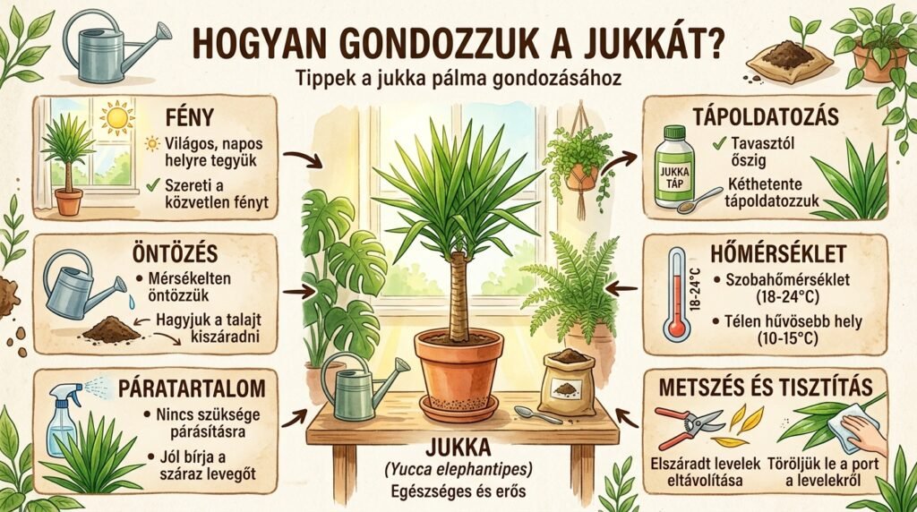 Jukka gondozása: napos hely, mérsékelt öntözés, kétheti tápozás, 18-24°C hőmérséklet és a levelek tisztítása