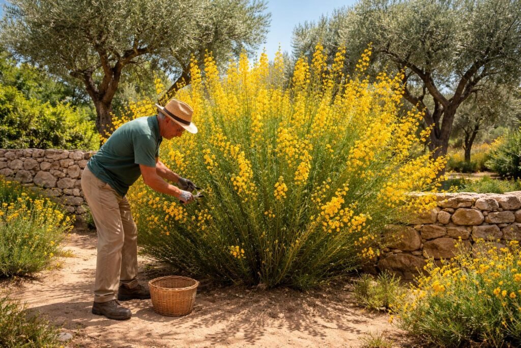 Jeneszter (Spartium junceum) élénk aranysárga virágú mediterrán cserje a napos kertben
