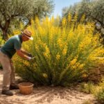 Jeneszter (Spartium junceum) élénk aranysárga virágú mediterrán cserje a napos kertben