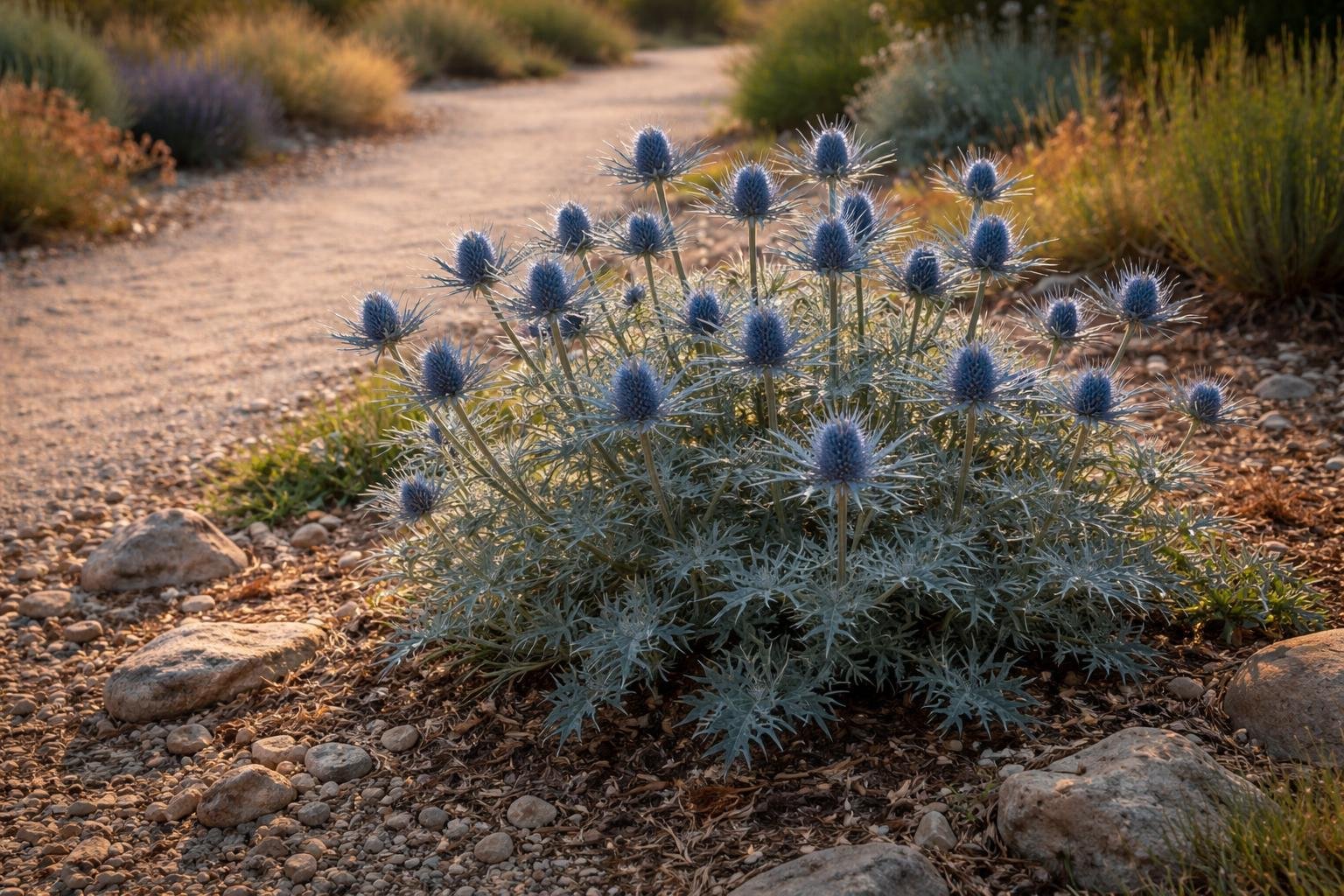 - Kék Iringó (Eryngium planum): fémesen csillogó kék virágokkal és szárazságtűrő, mediterrán hangulatot teremt.