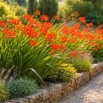 - Vibráló Crocosmia Lucifer virágzás mediterrán hangulatot idéz a kertben nyáron.