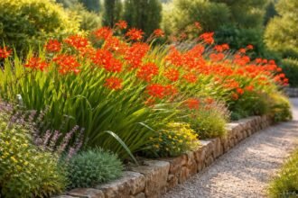 - Vibráló Crocosmia Lucifer virágzás mediterrán hangulatot idéz a kertben nyáron.