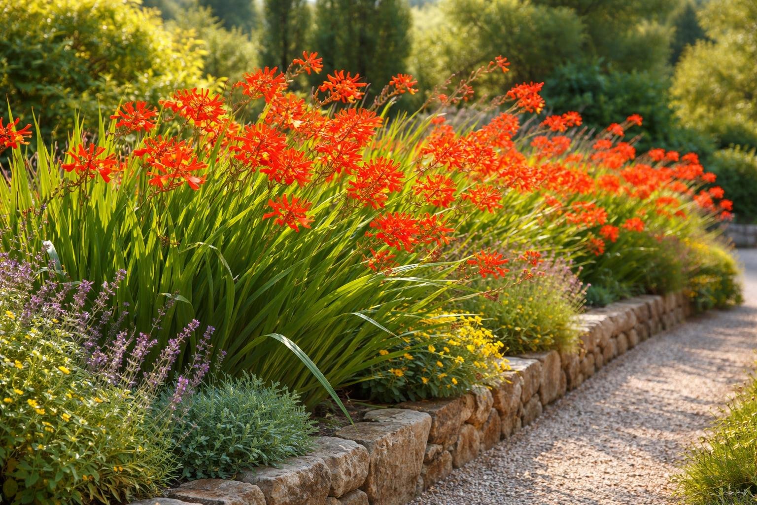 - Vibráló Crocosmia Lucifer virágzás mediterrán hangulatot idéz a kertben nyáron.