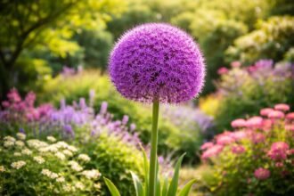 • Óriás hagyma Allium giganteum: impozáns növény, amely akár 1 méterig nő, lila gömbvirágzattal