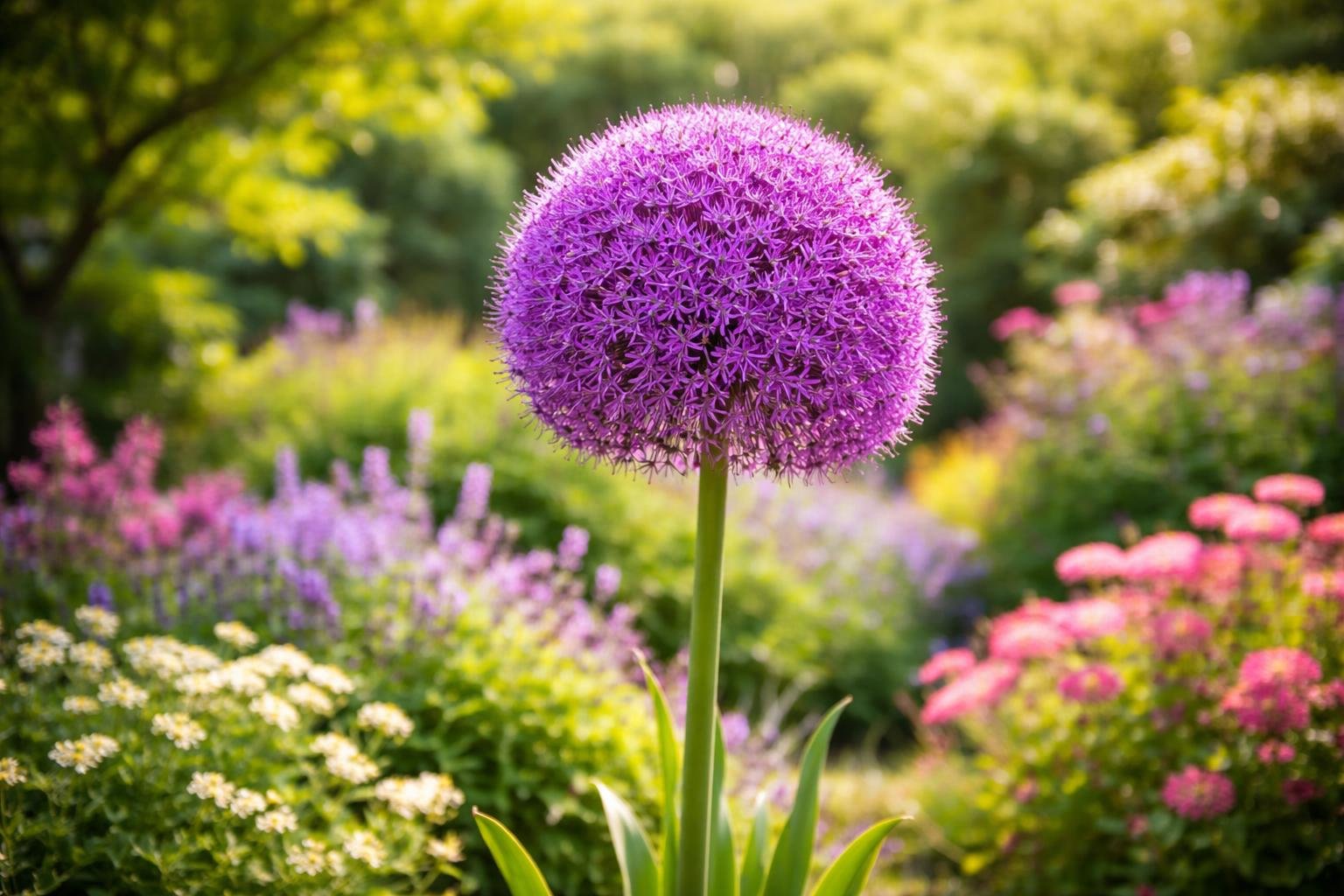 • Óriás hagyma Allium giganteum: impozáns növény, amely akár 1 méterig nő, lila gömbvirágzattal