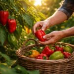 Friss paprika bokor, érési jelek alapján leszedésre készülő termés, mély zöldtől pirosig.
