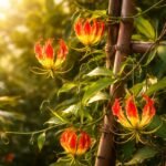 Pompás koronásliliom (Gloriosa superba) lángnyelvekre emlékeztető virágokkal díszíti a kertet.