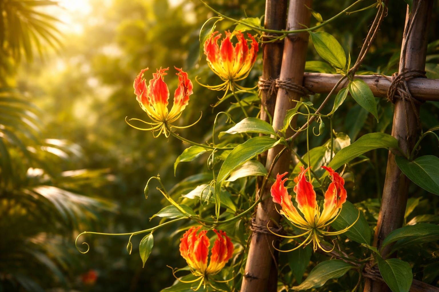 Pompás koronásliliom (Gloriosa superba) lángnyelvekre emlékeztető virágokkal díszíti a kertet.