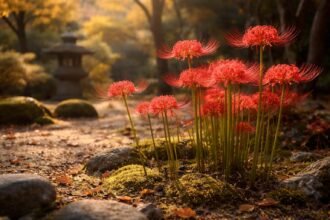 Vörös pókliliom (Lycoris radiata) élénk piros virágokkal, pók alakú formákkal.