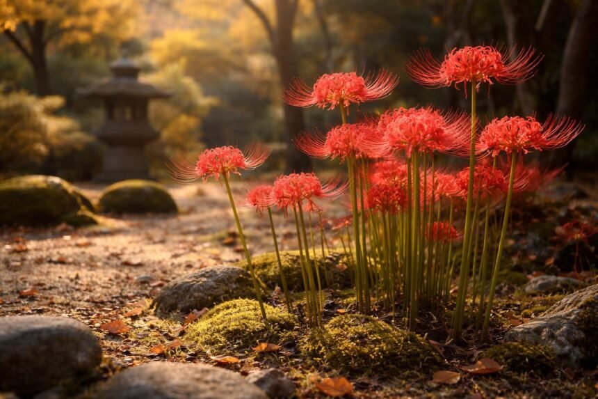 Vörös pókliliom (Lycoris radiata) élénk piros virágokkal, pók alakú formákkal.