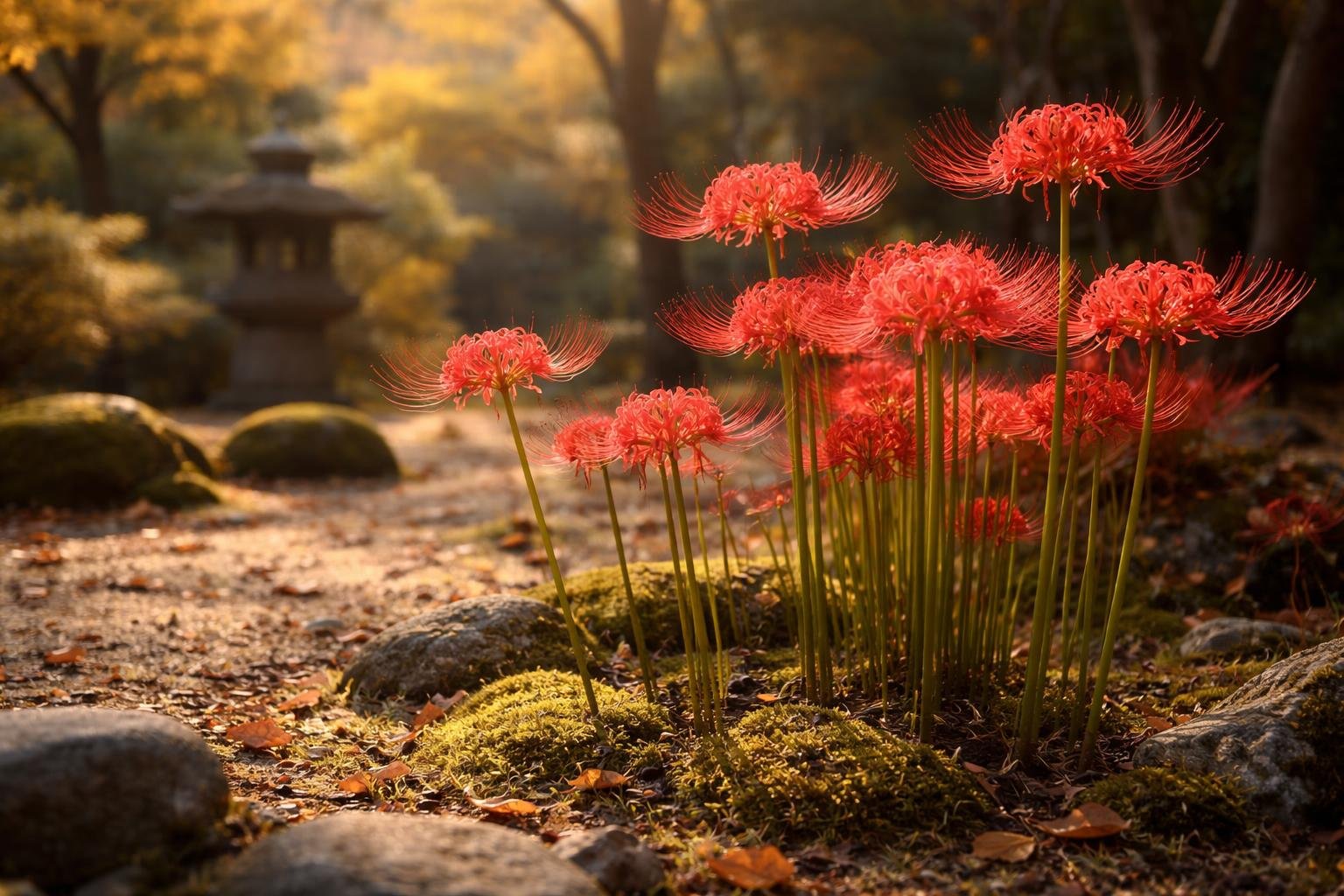 Vörös pókliliom (Lycoris radiata) élénk piros virágokkal, pók alakú formákkal.
