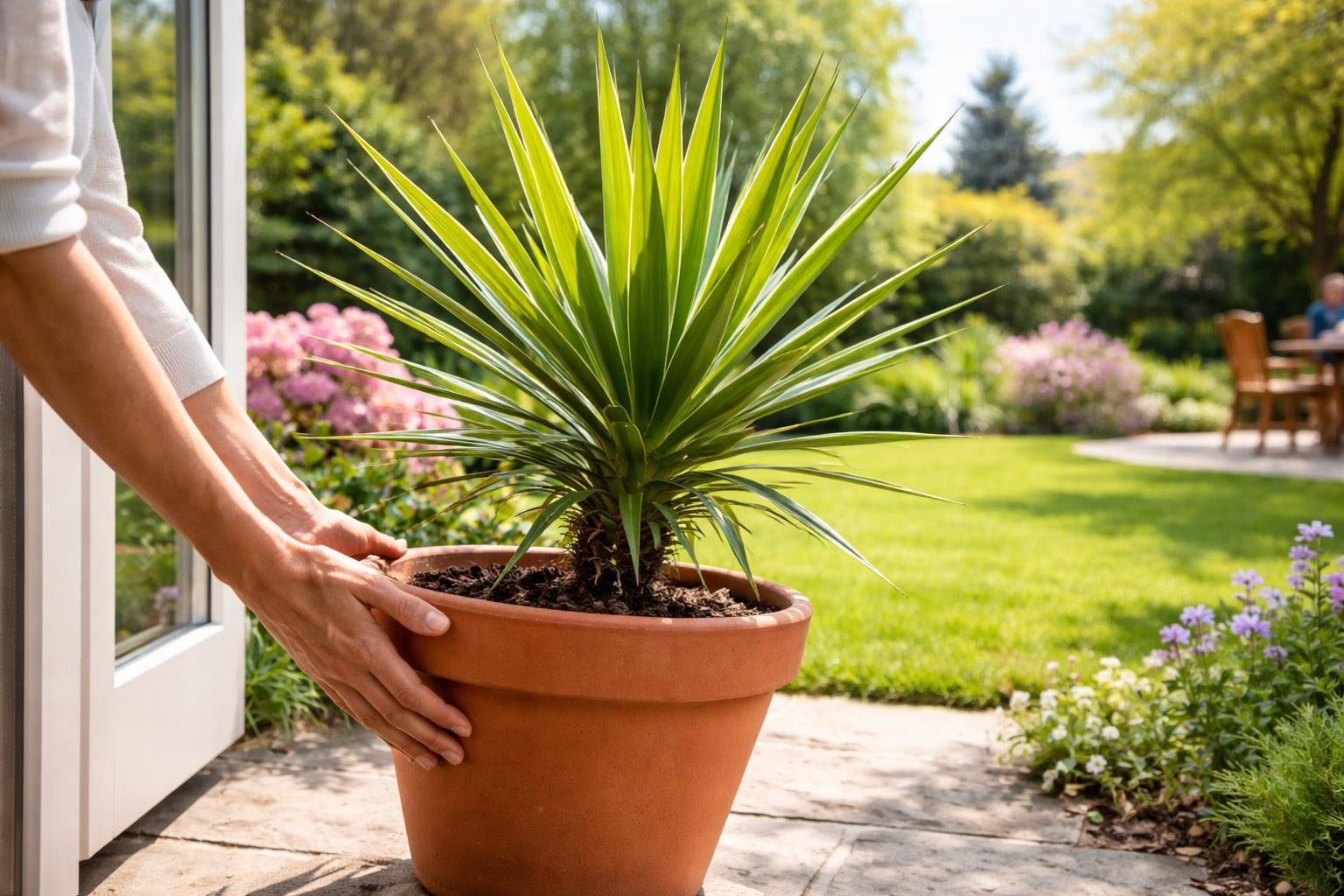 Yucca pálma a kertben készen áll a szabadba ültetésre és az óvó intézkedésekre.