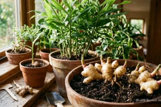 Gyömbérrizómák ültetésre előkészítve, rügyekkel és 3–5 centiméteres darabokra vágva
