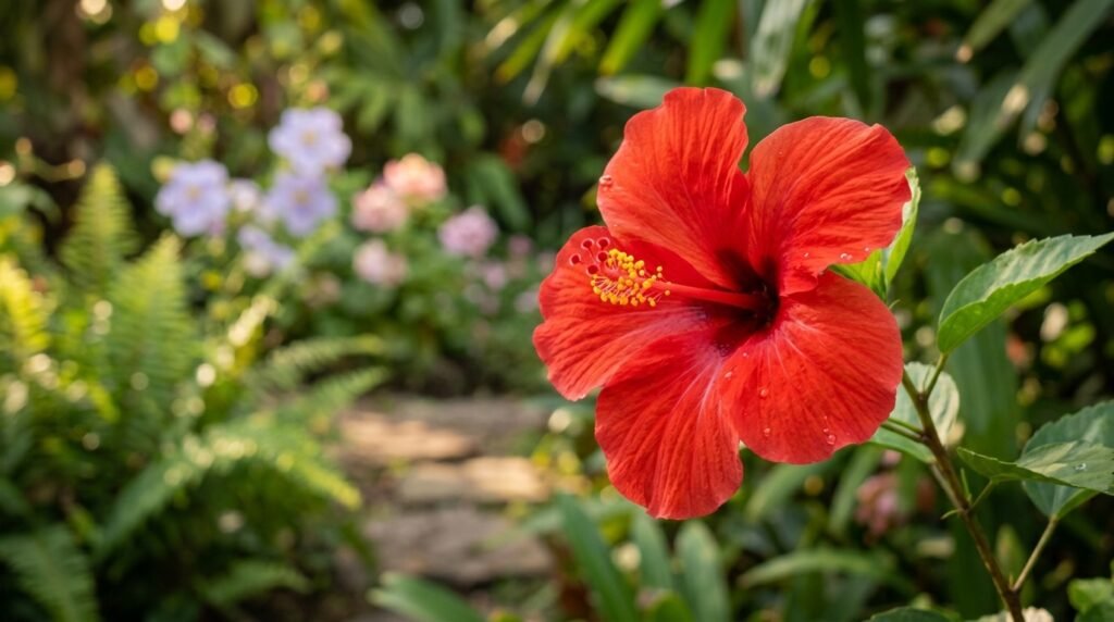 Élénkvörös kínai hibiszkusz virága sárga porzókkal, zöld levelek között