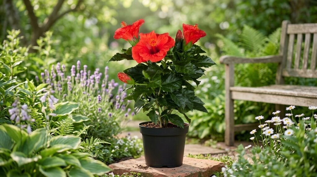 Potted Chinese hibiscus with vibrant red flowers and dark green leaves in a sunny garden setting