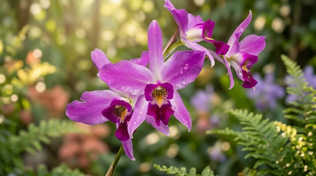 Virágzó Laelia anceps orchidea rózsaszín-lila, sárga csíkos torkú virágokkal, zöld növények között