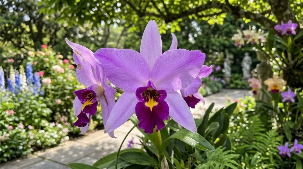 Virágzó Laelia anceps világoslila, sötétlila és sárga torkú virágokkal egy buja kertben