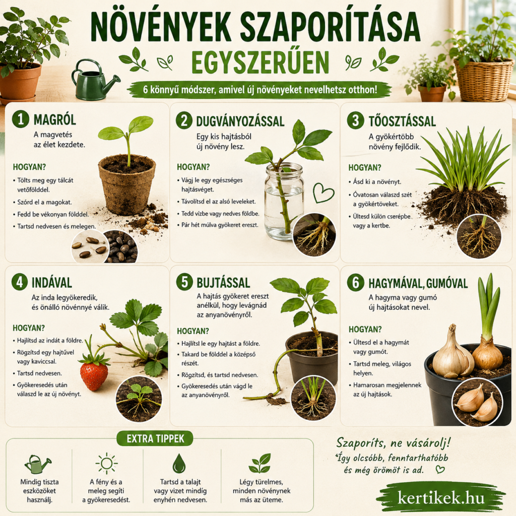 Infografika a növényszaporítás hat módszeréről: magvetés, dugványozás, tőosztás, indázás, bujtás, hagymák és gumók